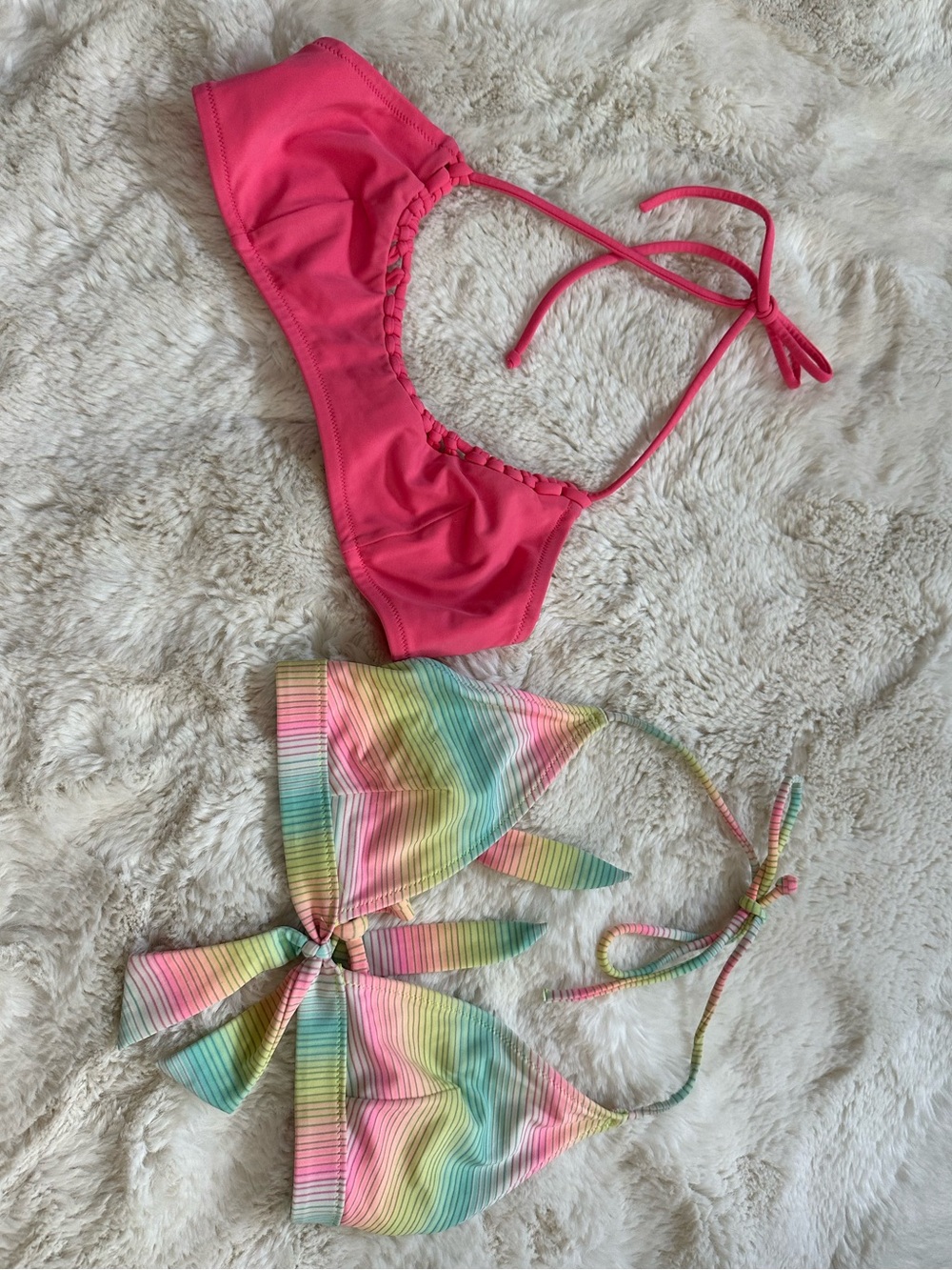 2x Victorias Secret y2k Bright Pink Bikini Top & Rainbow Stripe Triangle Top